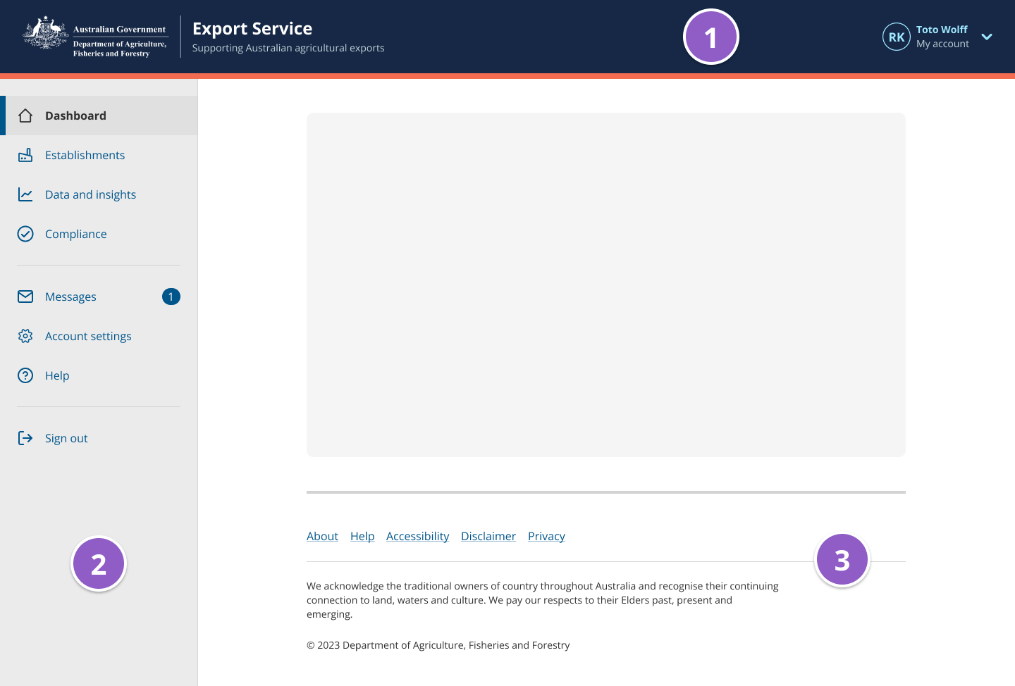 Screenshot of App layout components with annotations labelling the header, sidebar and footer