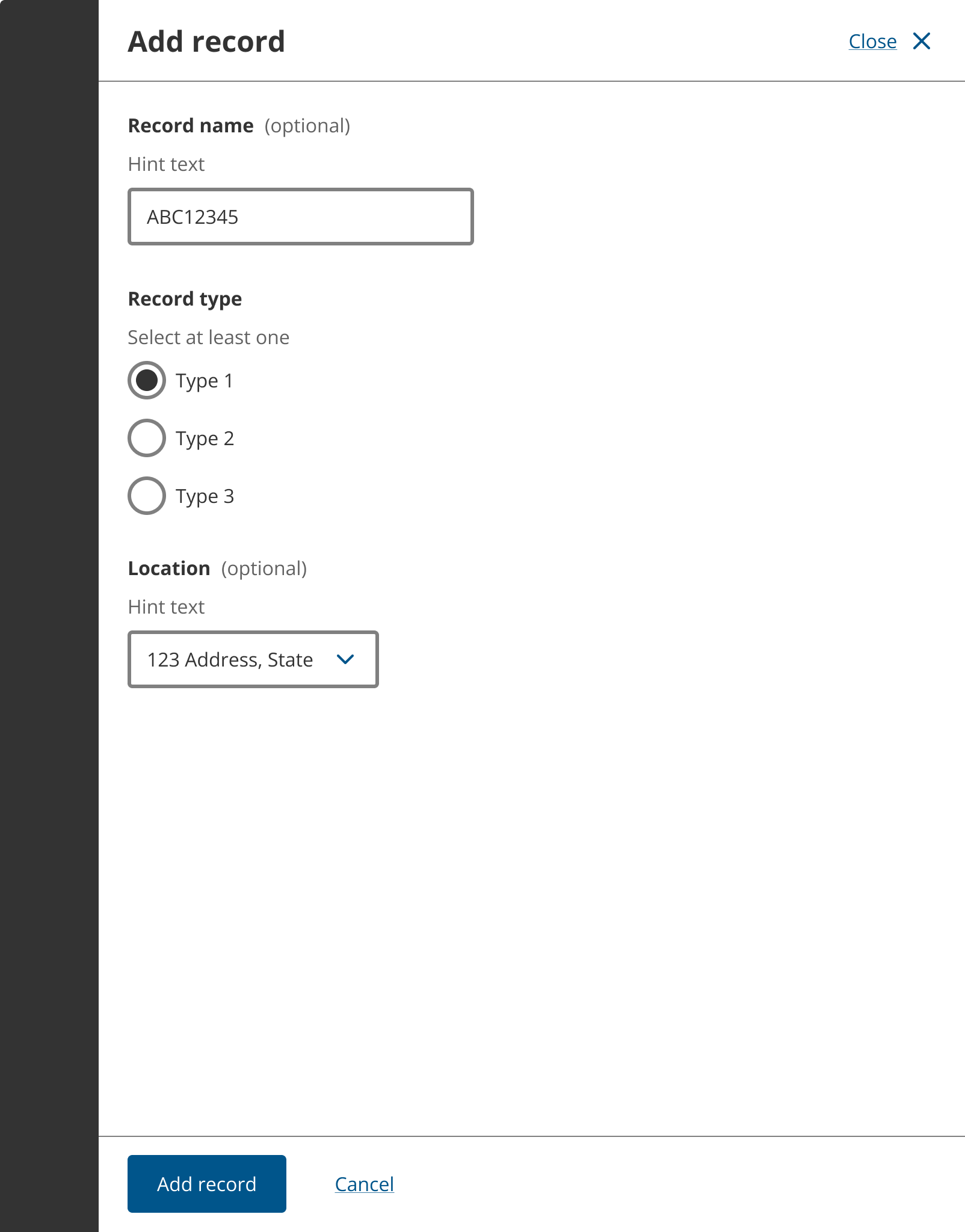 Screenshot of an open side drawer with the title ‘Add record’ and a populated short form with text input, radio buttons, a select component and form buttons: ‘Add record’ and ‘Cancel’.