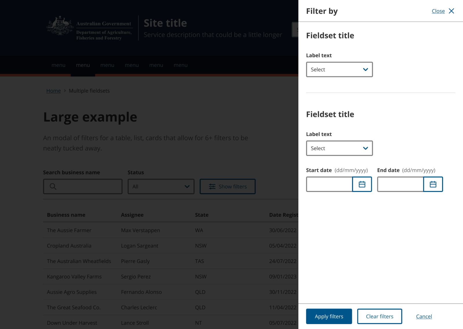 Screenshot of the large table filtering pattern