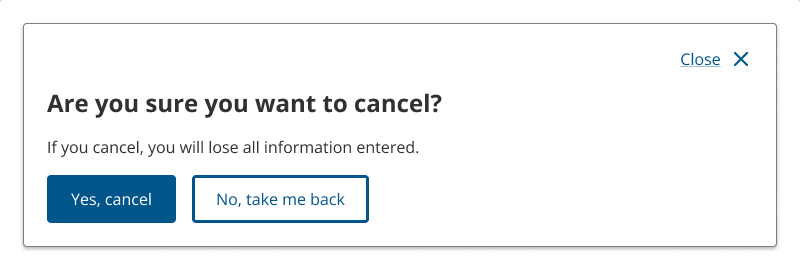 Screenshot of an open Modal dialog with the title ‘Are you sure you want to cancel?’ and description ‘If you cancel, you will lose all information entered.’