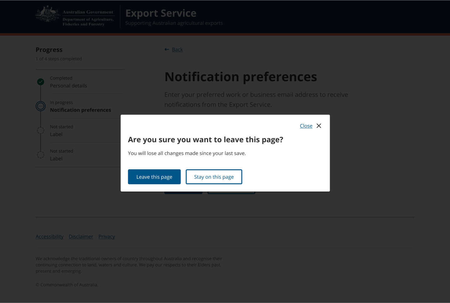 Screenshot of an open Modal dialog with the title 'Are you sure you want to leave this page' and description 'You will lose all changes made since your last save.'