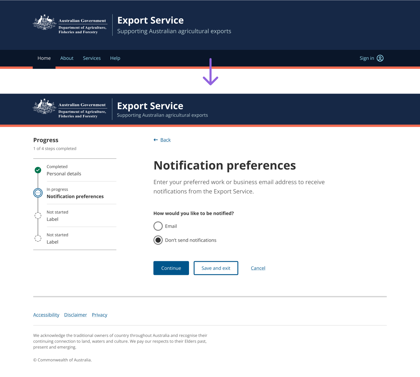Example usage of the Header and Main nav components with an arrow pointing down to another example of these components in focus mode