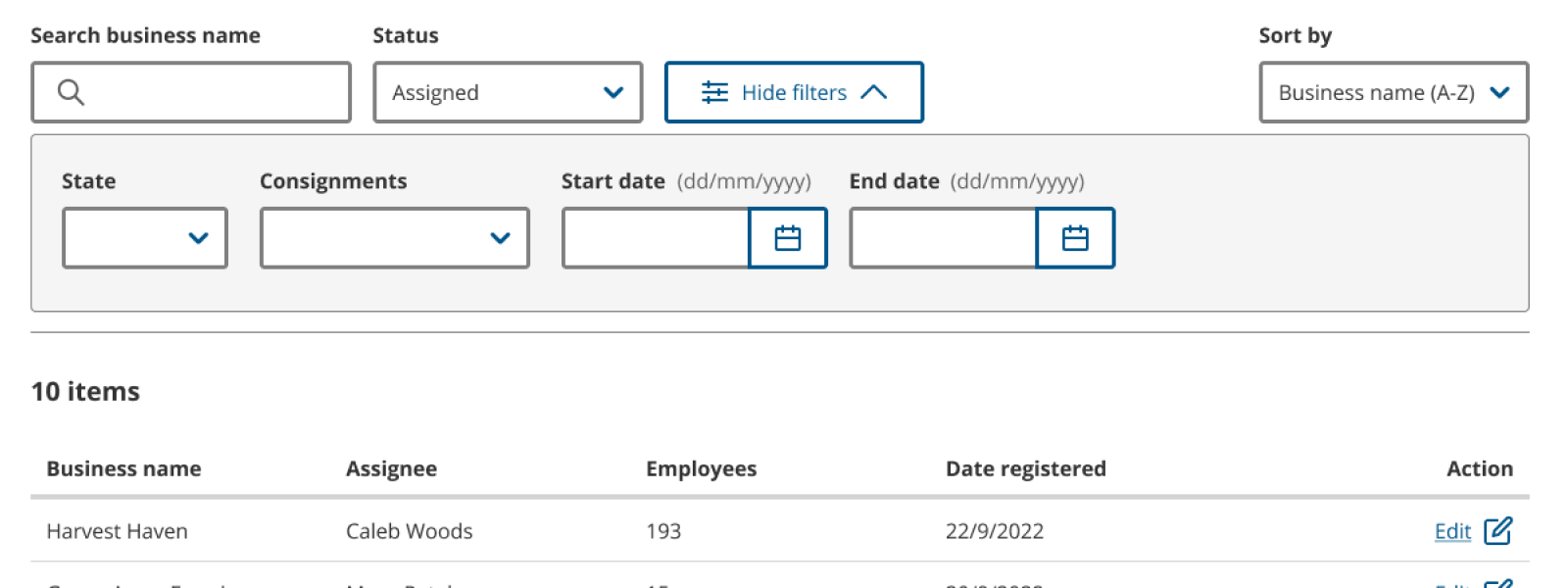 Screenshot of the medium table filtering pattern